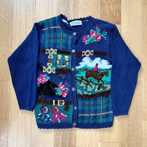 Vintage Sweaters - Vintage Equestrian Embroidered Patchwork Cardigan by Jantzen Classics